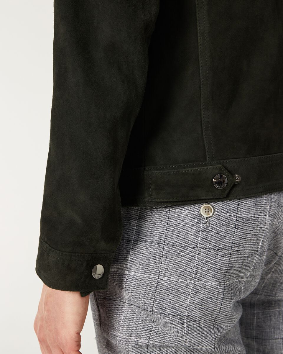 Dark Green Zip Through Suede Trucker Jacket